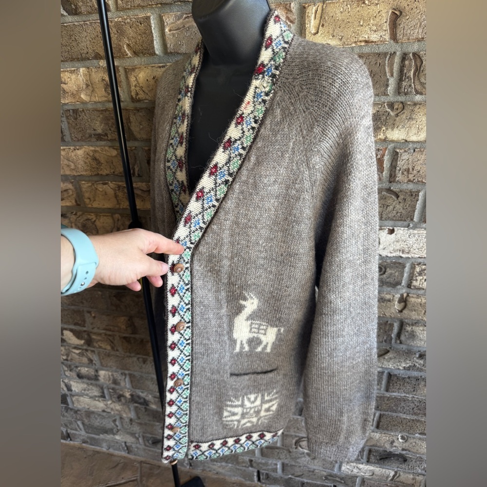 Vintage Alpaca Llama Cardigan Sweater Peruvian Aztec Boho Western Wool Blend M - Picture 2 of 12